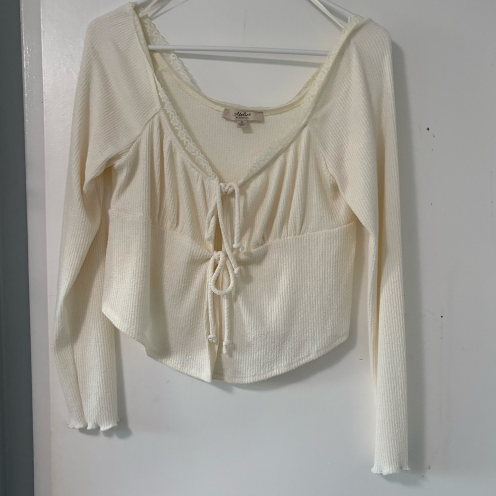 Cream Long Sleeve Tie-Front Top